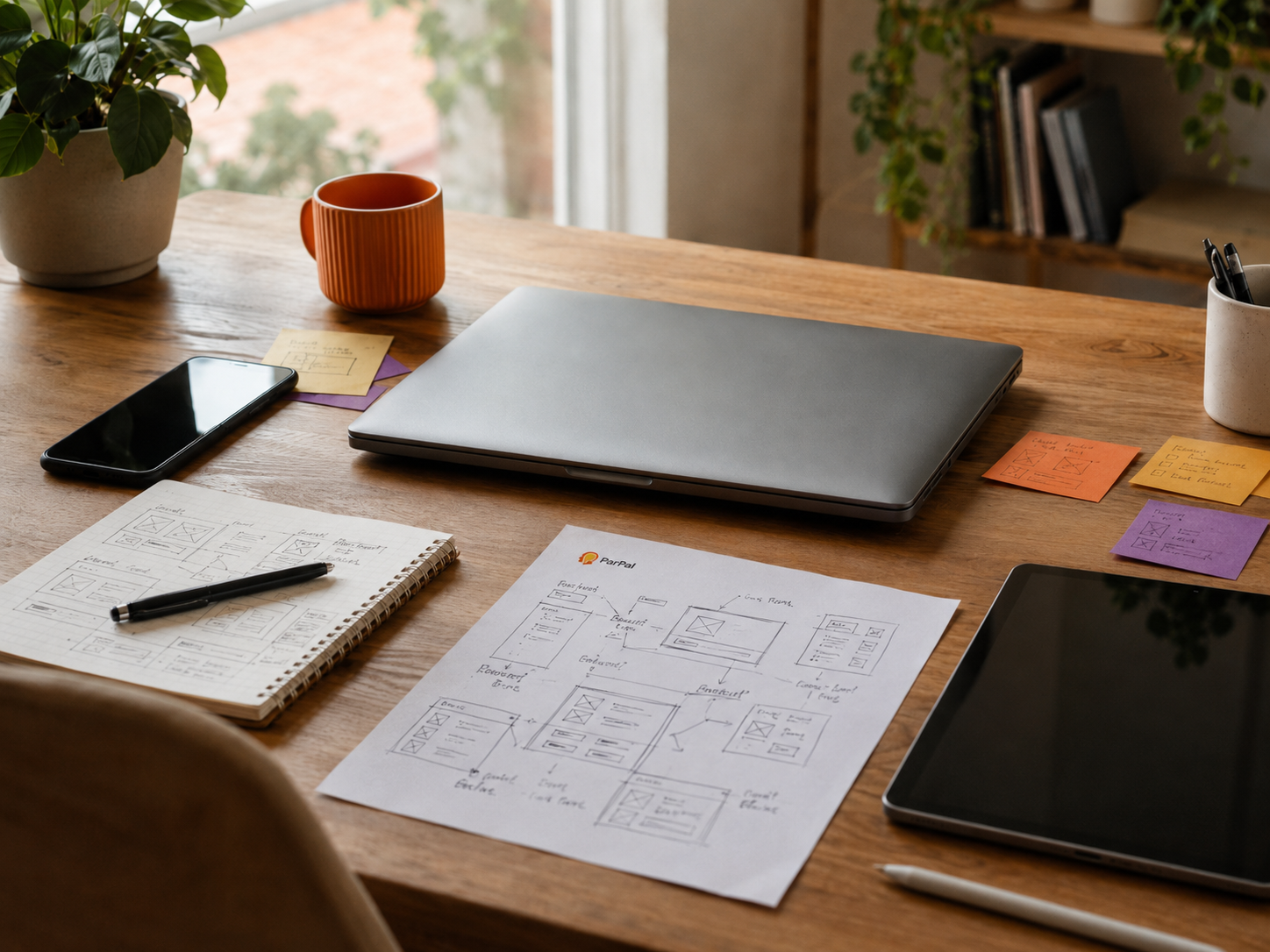 Scrivania di progettazione ParPai con computer, appunti, schemi e materiali di lavoro
