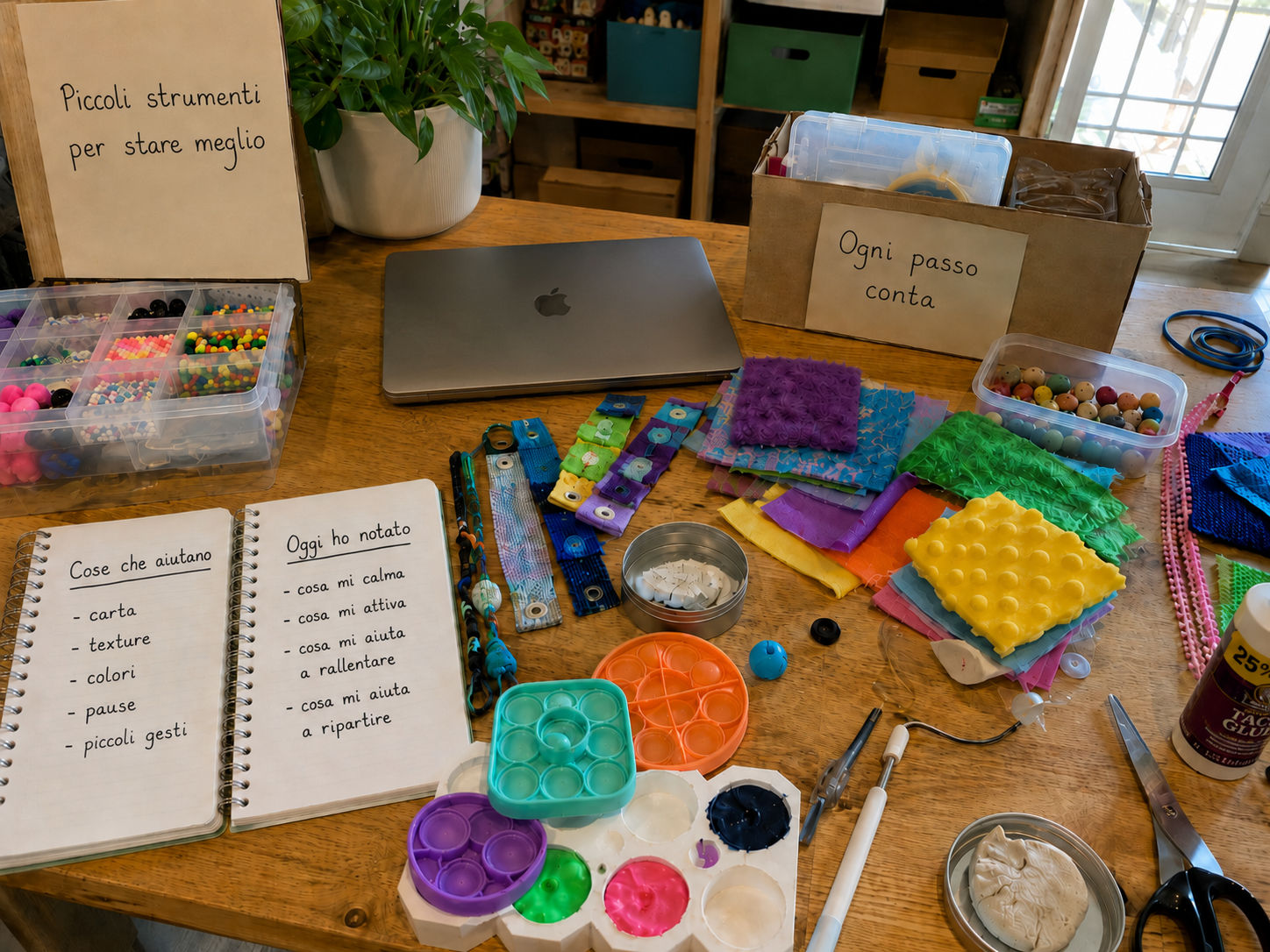 Tavolo con strumenti, materiali creativi, appunti e oggetti sensoriali per il Toolkit ParPai