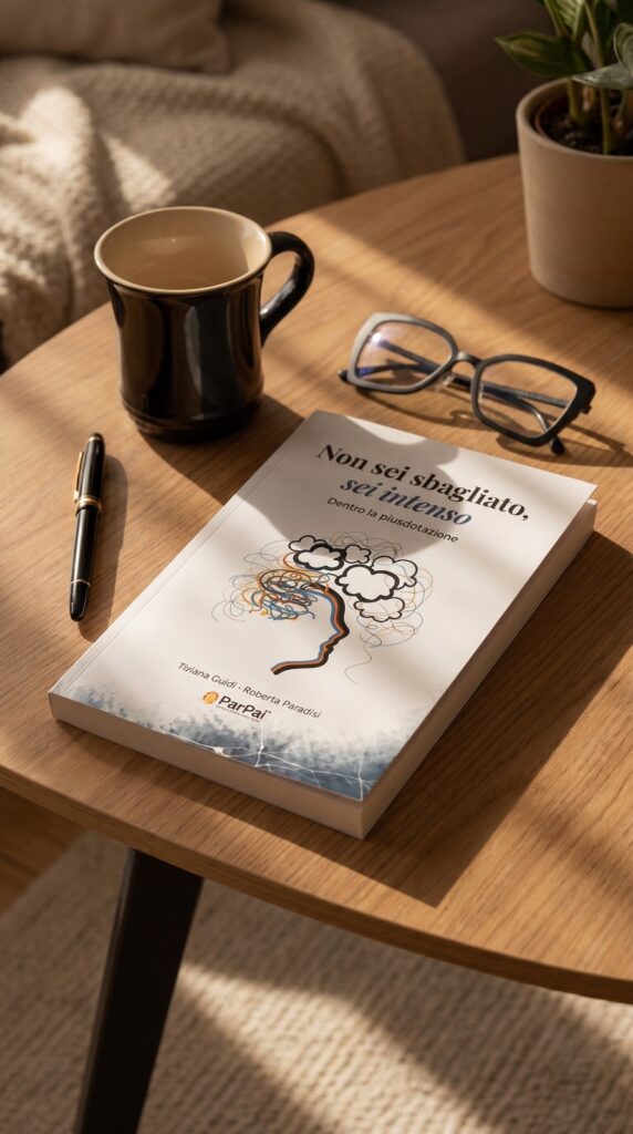 Copertina del libro Non sei sbagliato, sei intenso. Dentro la plusdotazione su un tavolo con tazza e occhiali