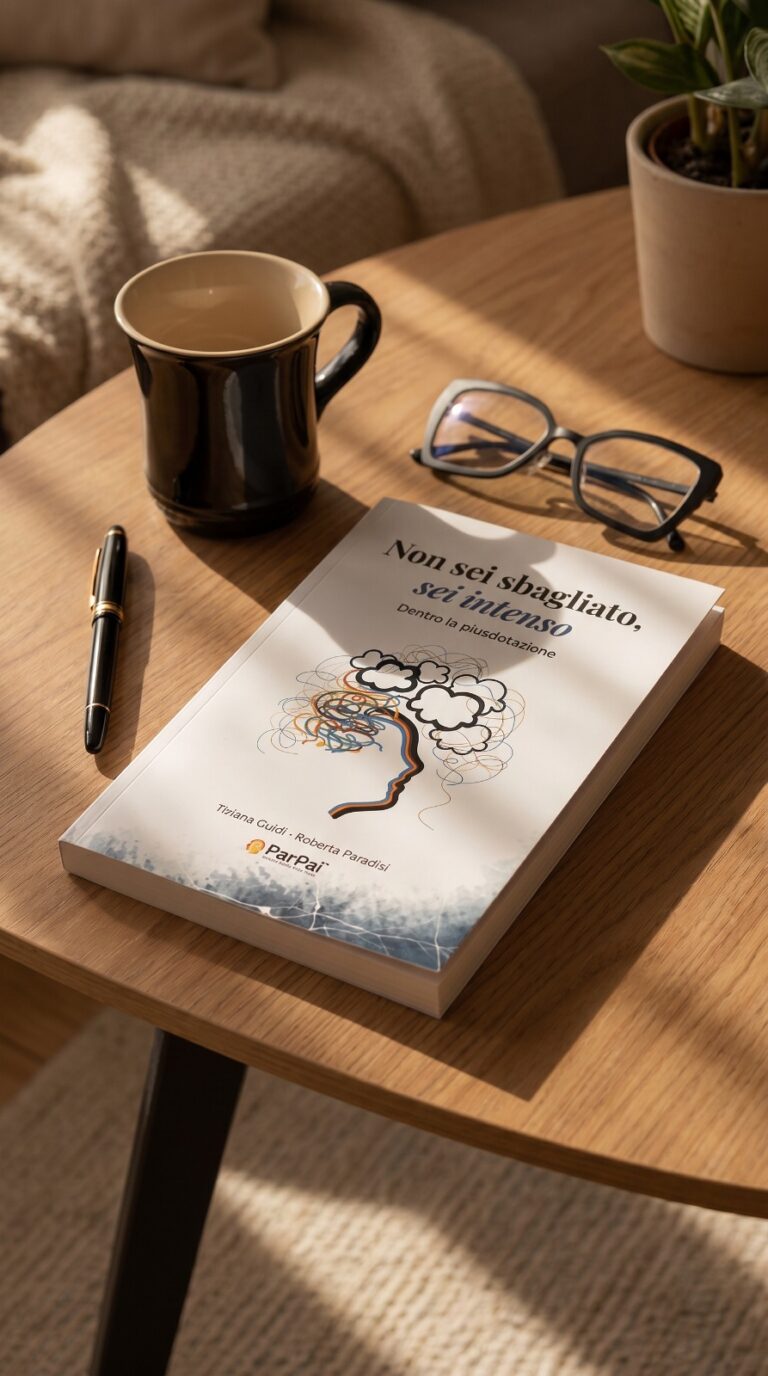 Copertina del libro Non sei sbagliato, sei intenso. Dentro la plusdotazione su un tavolo con tazza e occhiali