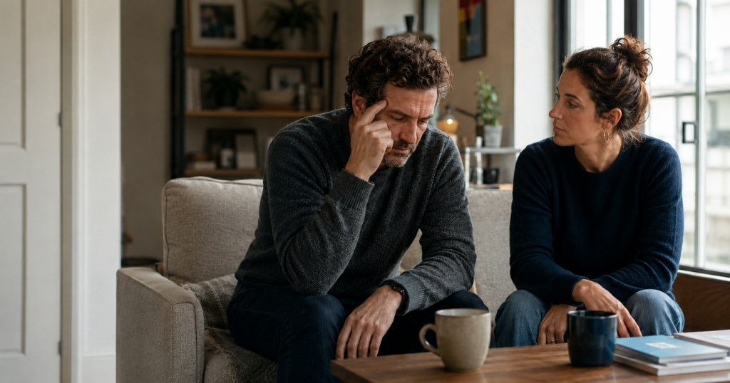 Due adulti seduti vicini durante un momento di sostegno emotivo