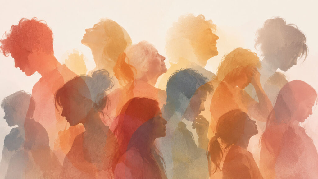 Volti di persone di età diverse, con espressioni emotive differenti, sovrapposti in trasparenza nei toni caldi dell'arancio e del corallo.